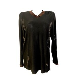 Staley Gretzinger Womens Black French Graphic V-Neck Top Velvet Trim LS Size S